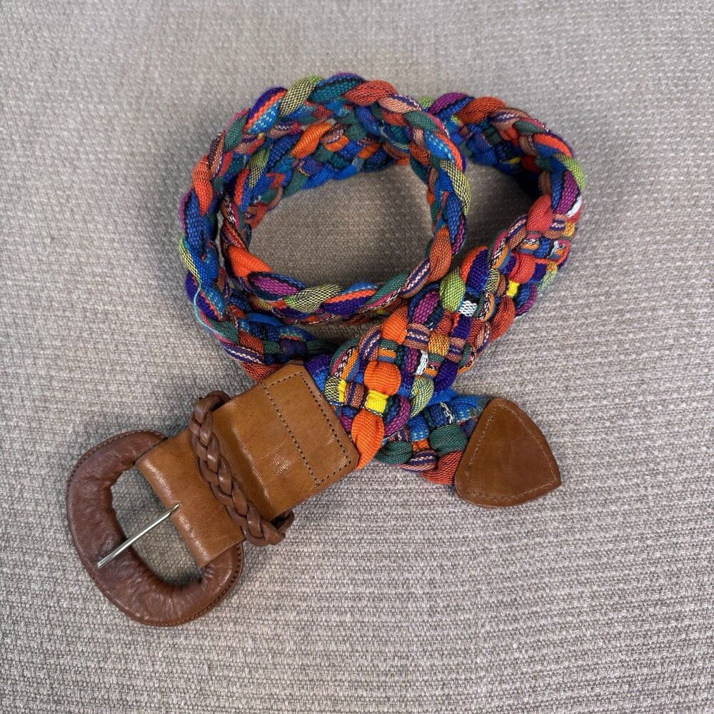 Vintage Multicolor Hand Braided Fabric Belt Leather Traditional Guatemalan M 533